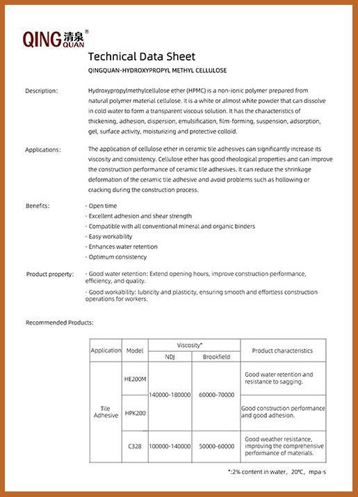 HPMC Technical Data Sheet – Tile Adhesive Grade - QingQuan